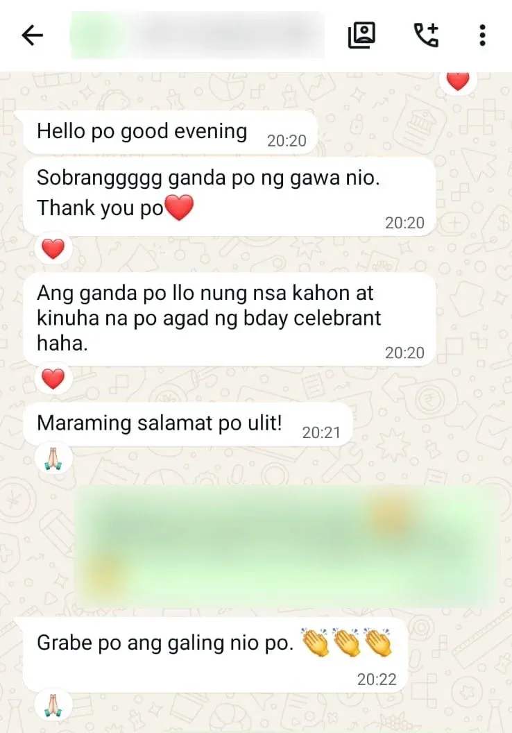Hello po good evening

Sobrangggggg ganda po ng gawa nio. Thank you po ❤️

Ang ganda po llo nung nsa kahon at kinuha na po agad ng bday celebrant haha.

Maraming salamat po ulit!