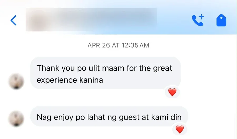 Thank you po ulit maam for the great experience kanina

Nag enjoy po lahat ng guest at kami din