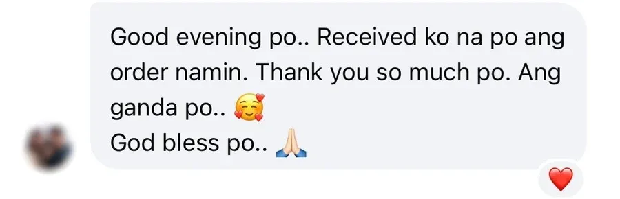 Good evening po.. Received ko na po ang order namin. Thank you so much po. Ang ganda po.. 🥰
God bless po.. 🙏