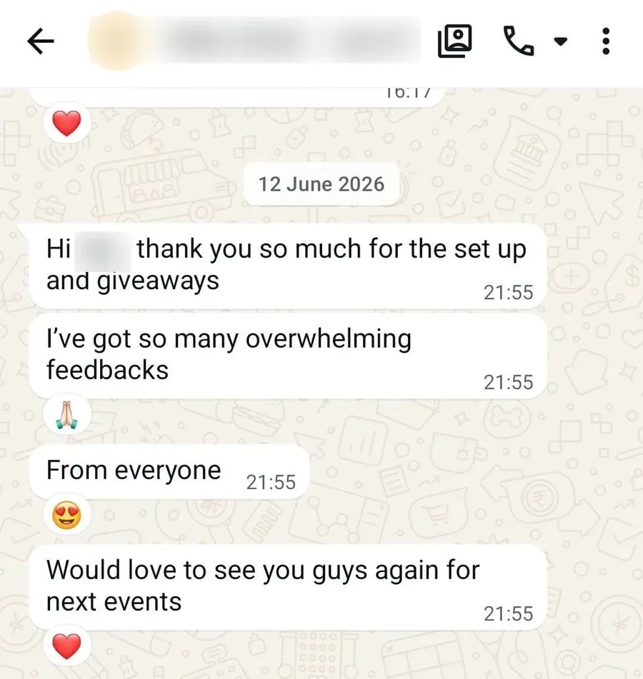 Hi, thank you so much for the set up and giveaways

I've got so many overwhelming feedbacks

From everyone

Would love to see you guys again for next events