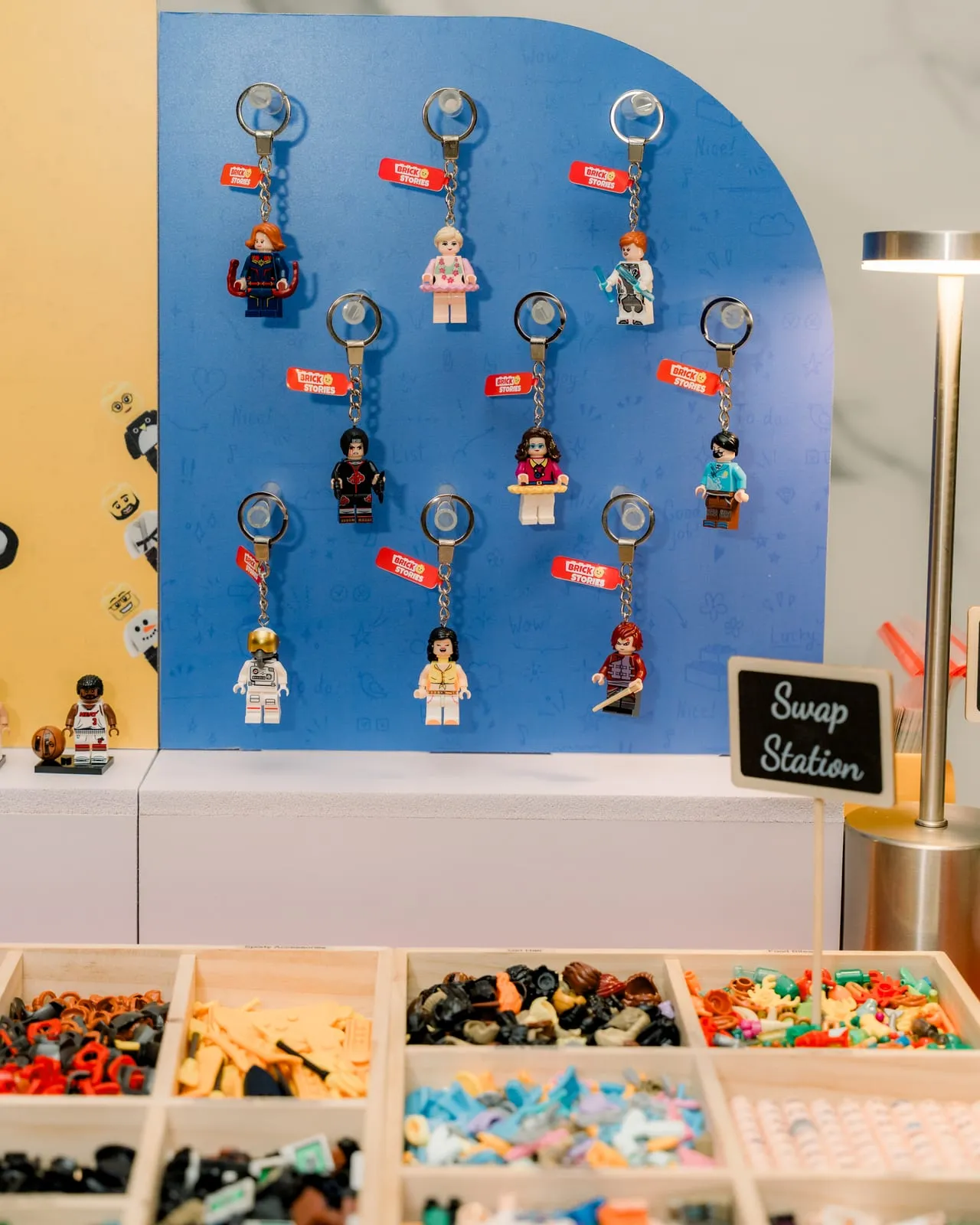The swap station at a 50th birthday in Dubai, with spare heads, torsos and accessories laid out in trays